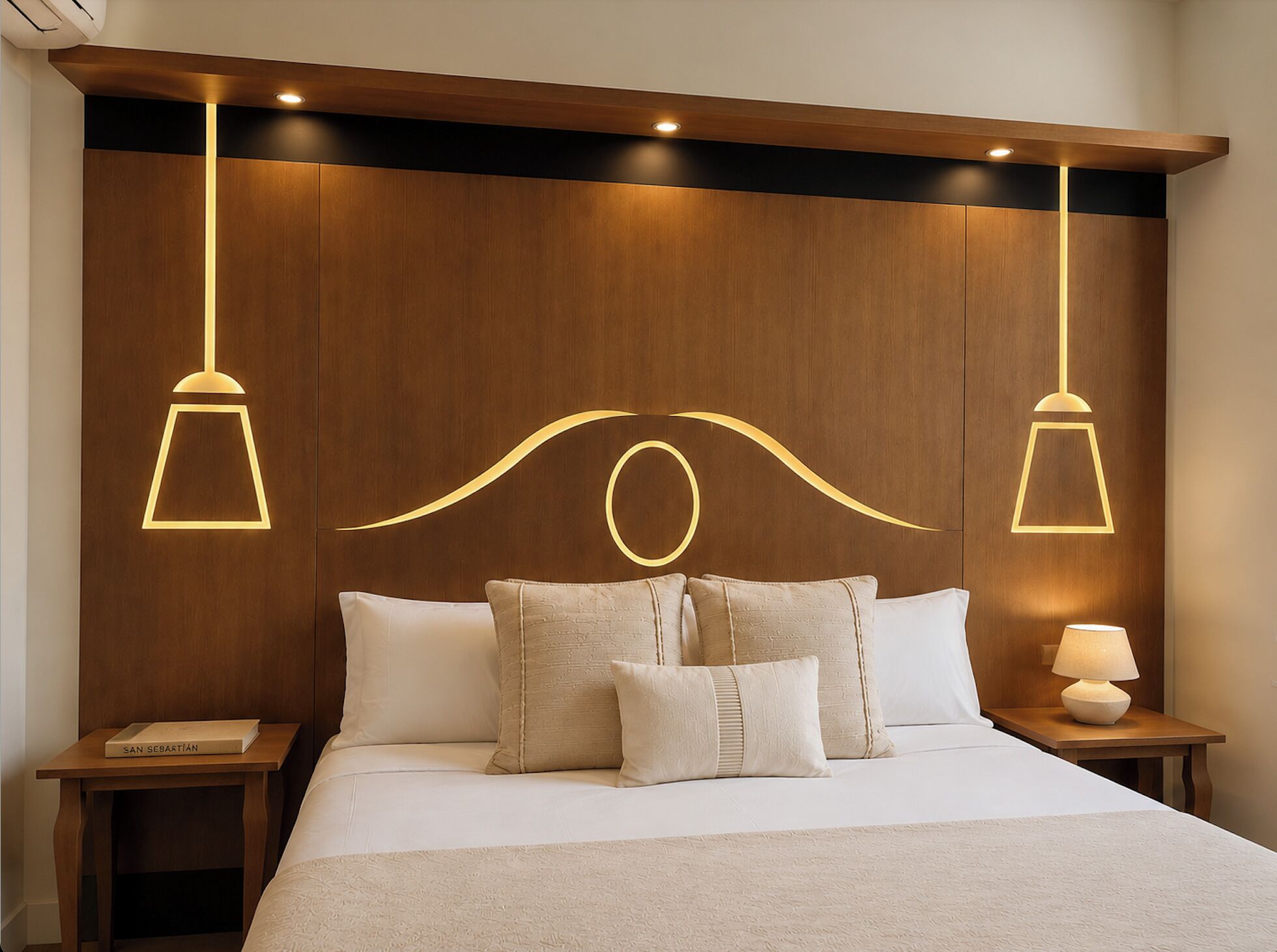 A hotel room with a large bed, two bedside tables, a nightstand, and a wall-mounted light fixture.