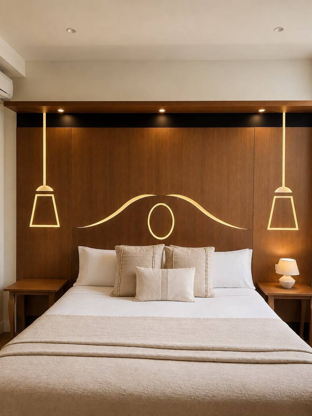 Una habitación de hotel con una cama grande, dos mesitas de noche y un cabecero de madera.