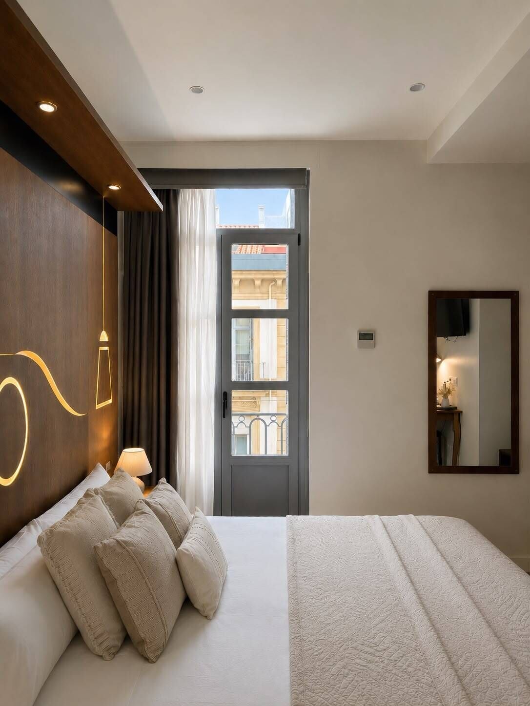 Habitación de hotel con una cama grande, una mesita de noche con lámpara, un espejo y vista a la calle desde una puerta.