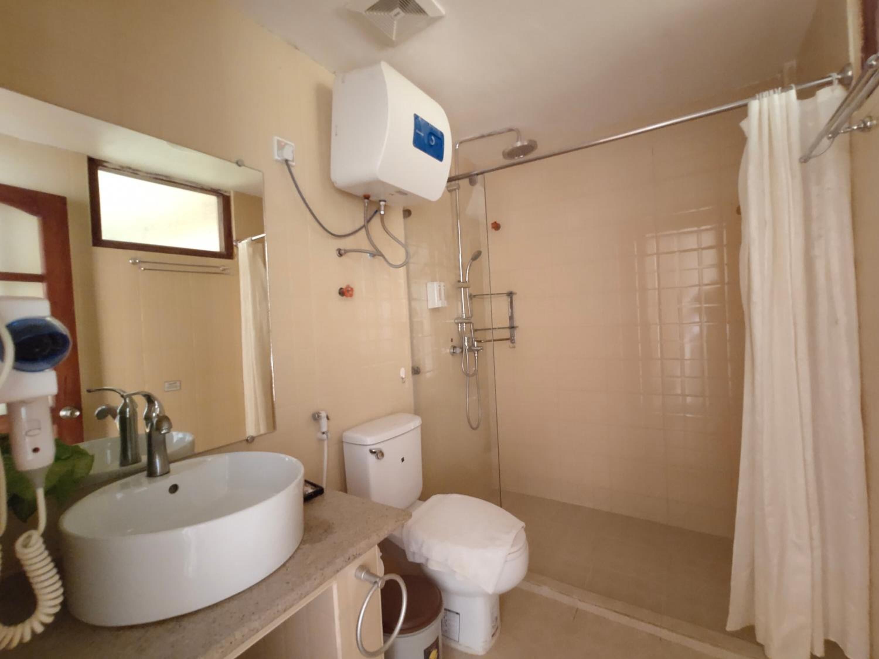 shower, free toiletries, hair dryer