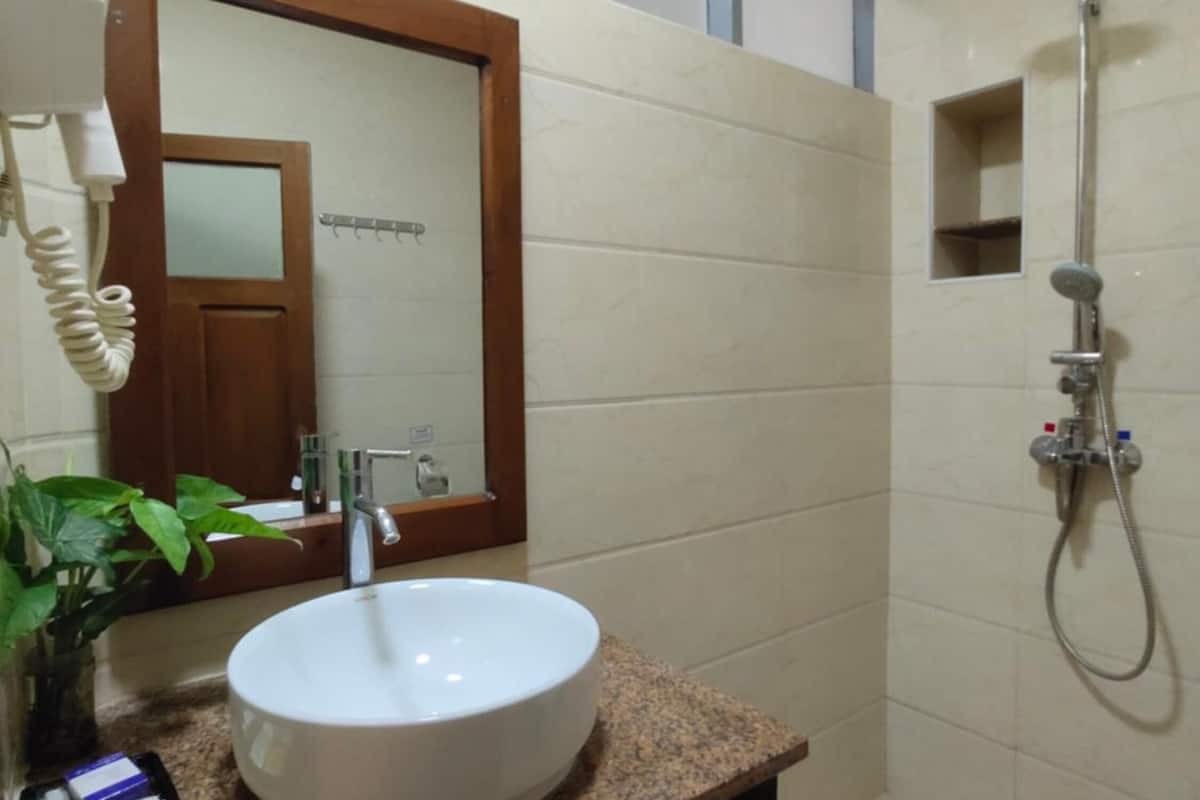 shower, free toiletries, hair dryer