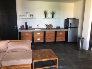 Fridge, microwave, coffee/tea maker