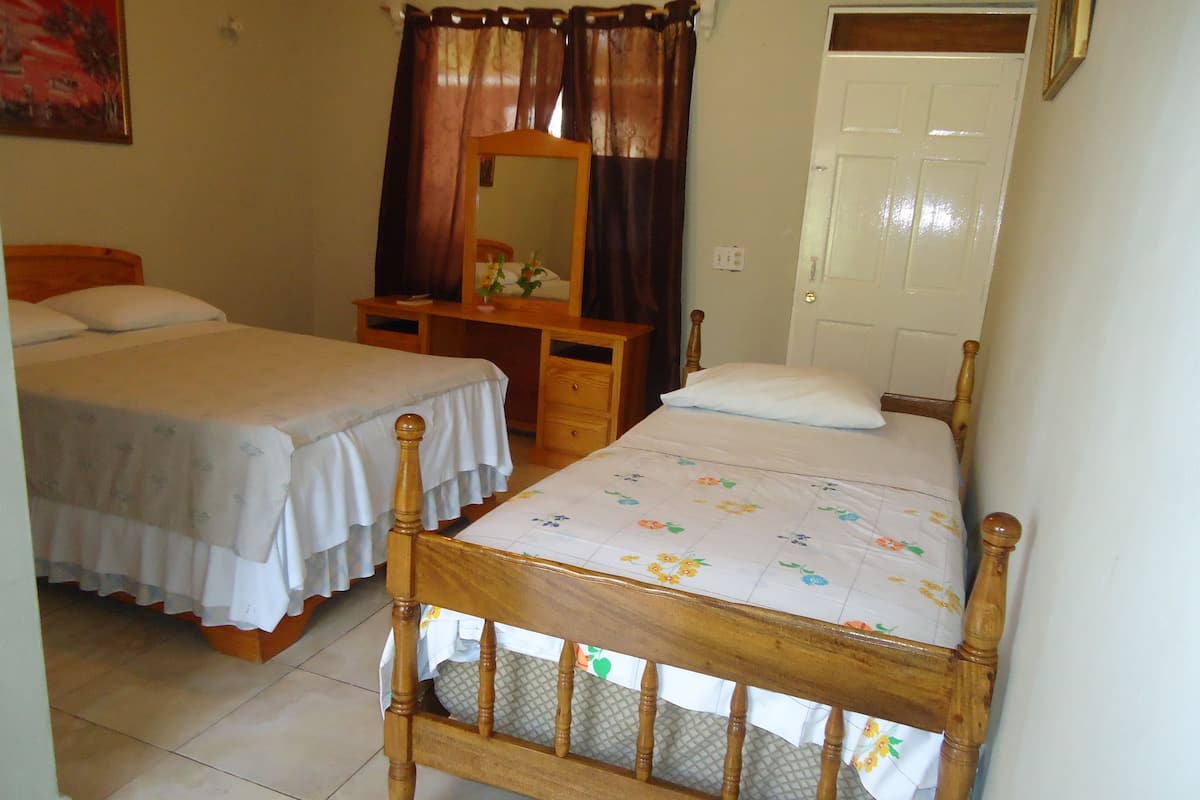 A bedroom with two single beds, a wooden dresser, a mirror, and a door.