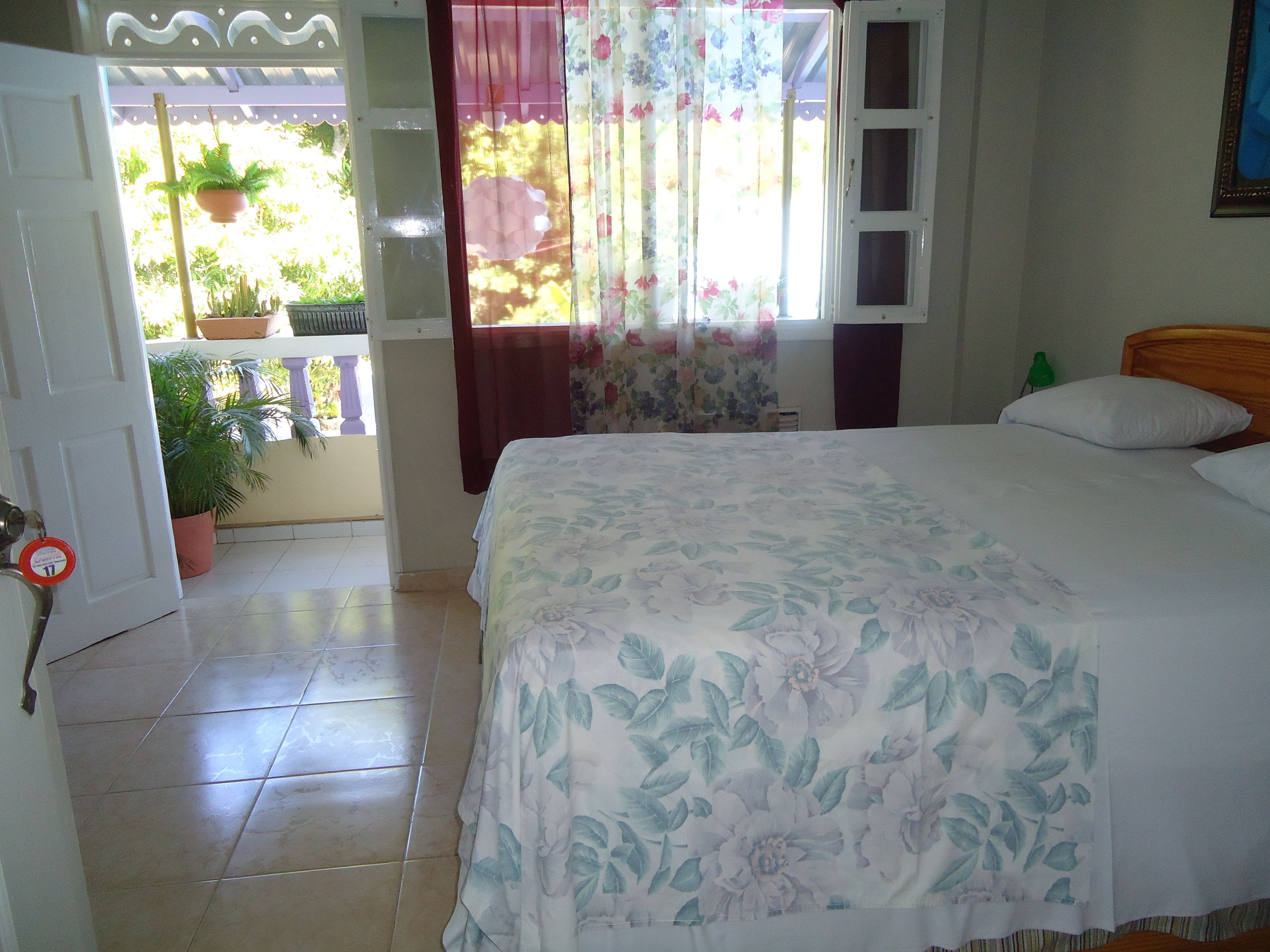 Un dormitorio con cama, ventana con cortinas, una puerta y una planta en maceta.