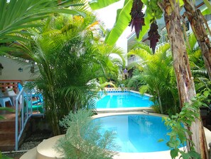 Una piscina rodeada de abundante vegetación, con palmeras y otras plantas tropicales.