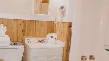 A bathroom with a wooden floor, a white sink, a toilet, a shower, and a mirror above the sink.