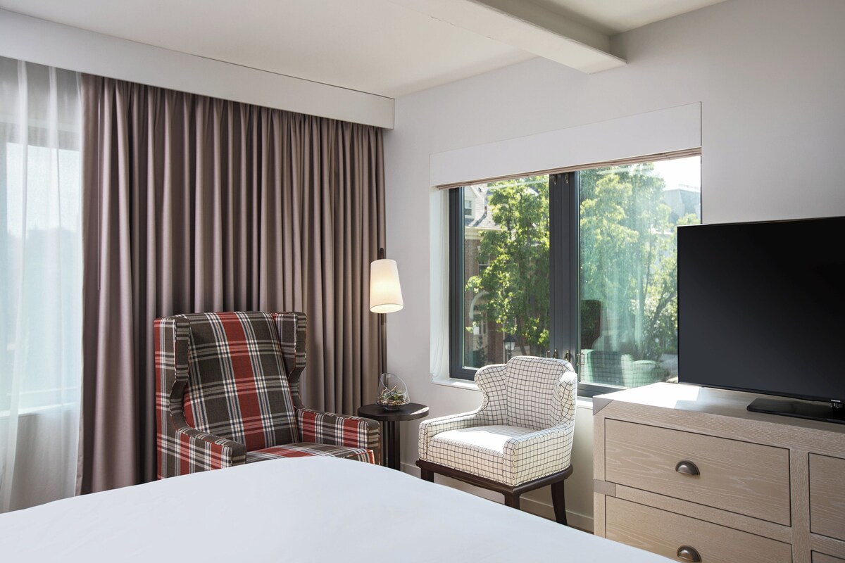 Une chambre d’hôtel avec un lit, une télévision, un fauteuil à motifs écossais, une lampe et une fenêtre donnant sur des arbres.