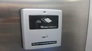 A smart locking system on a metallic surface.