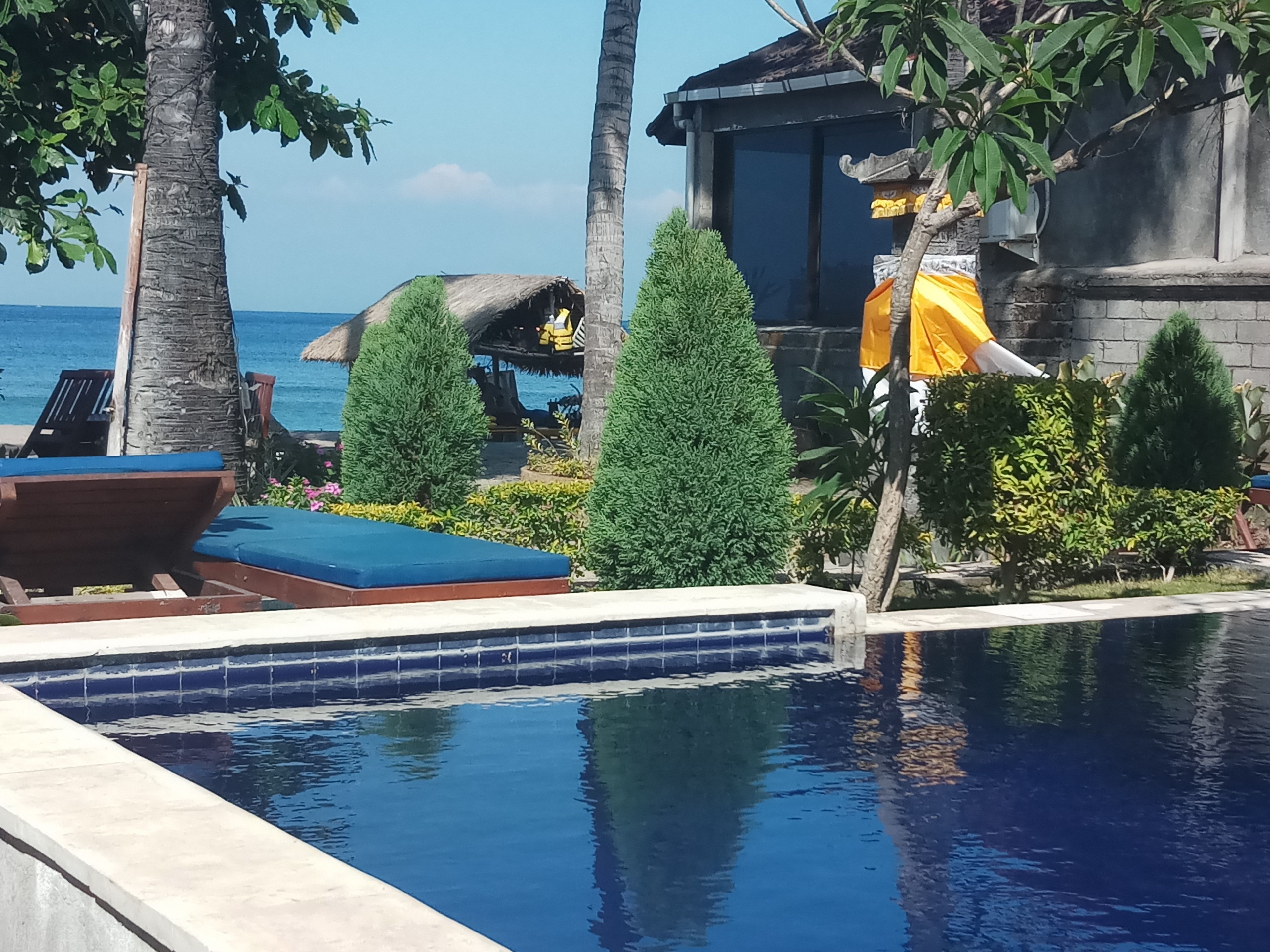 A swimming pool with lounge chairs, a thatched-roof structure, and a building with a yellow awning.
