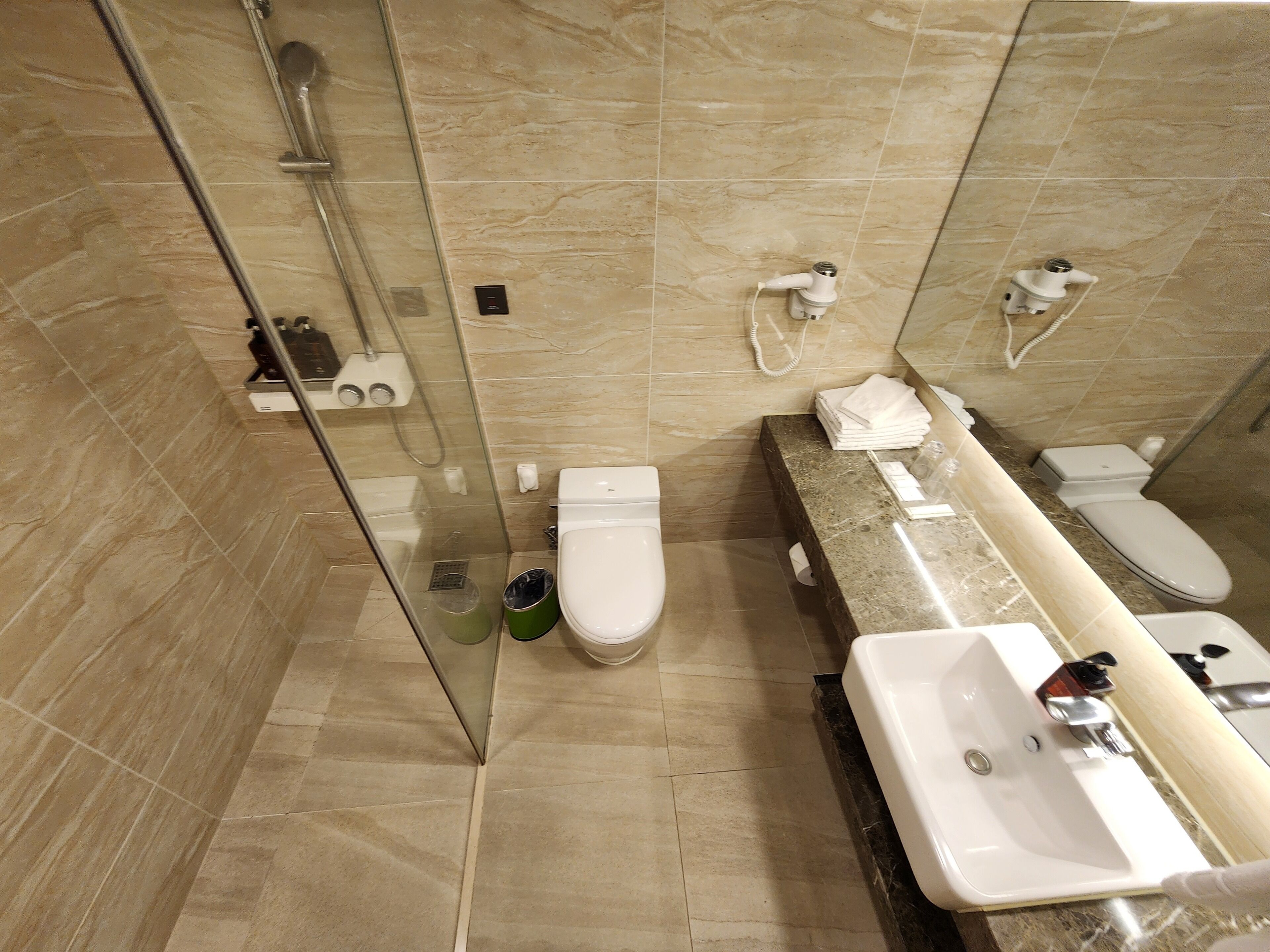 A modern bathroom with a glass-enclosed shower, a toilet, a sink, and a mirror.