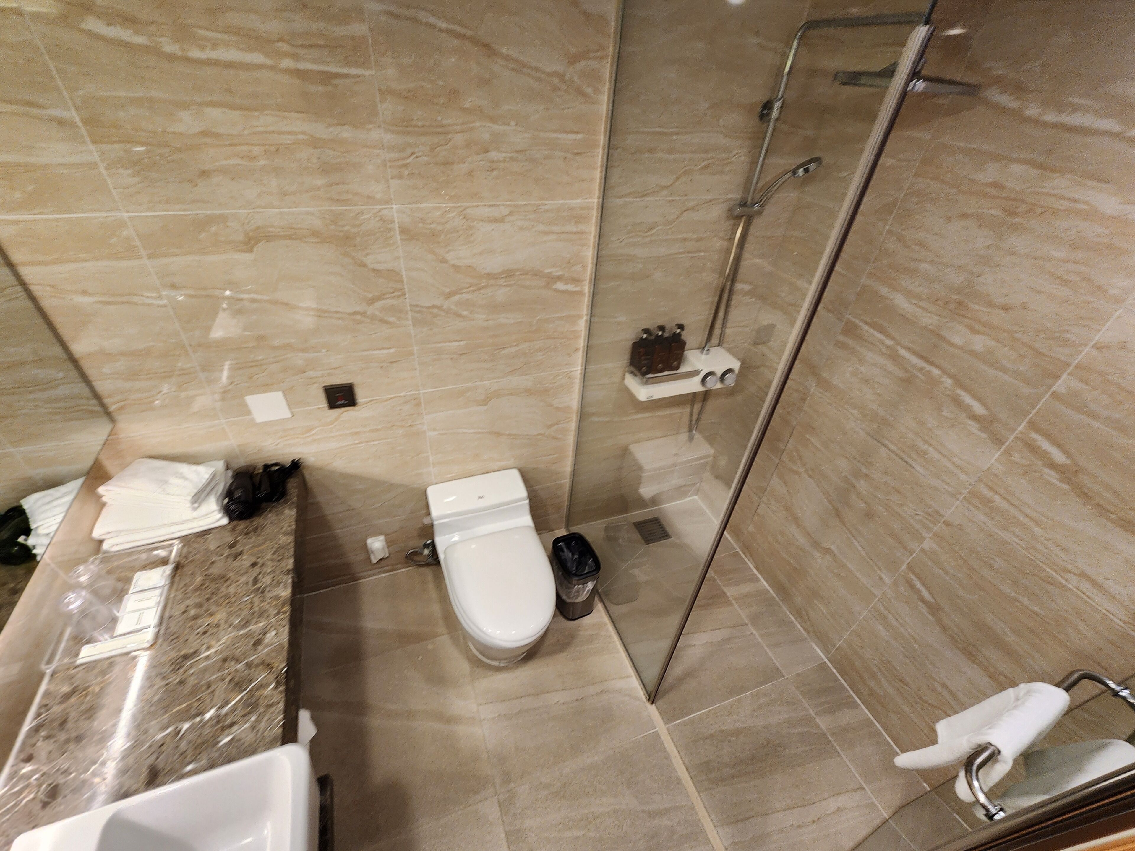 A bathroom with a toilet, a shower, and a sink.