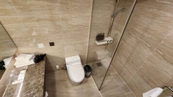 A bathroom with a toilet, a shower, and a sink.