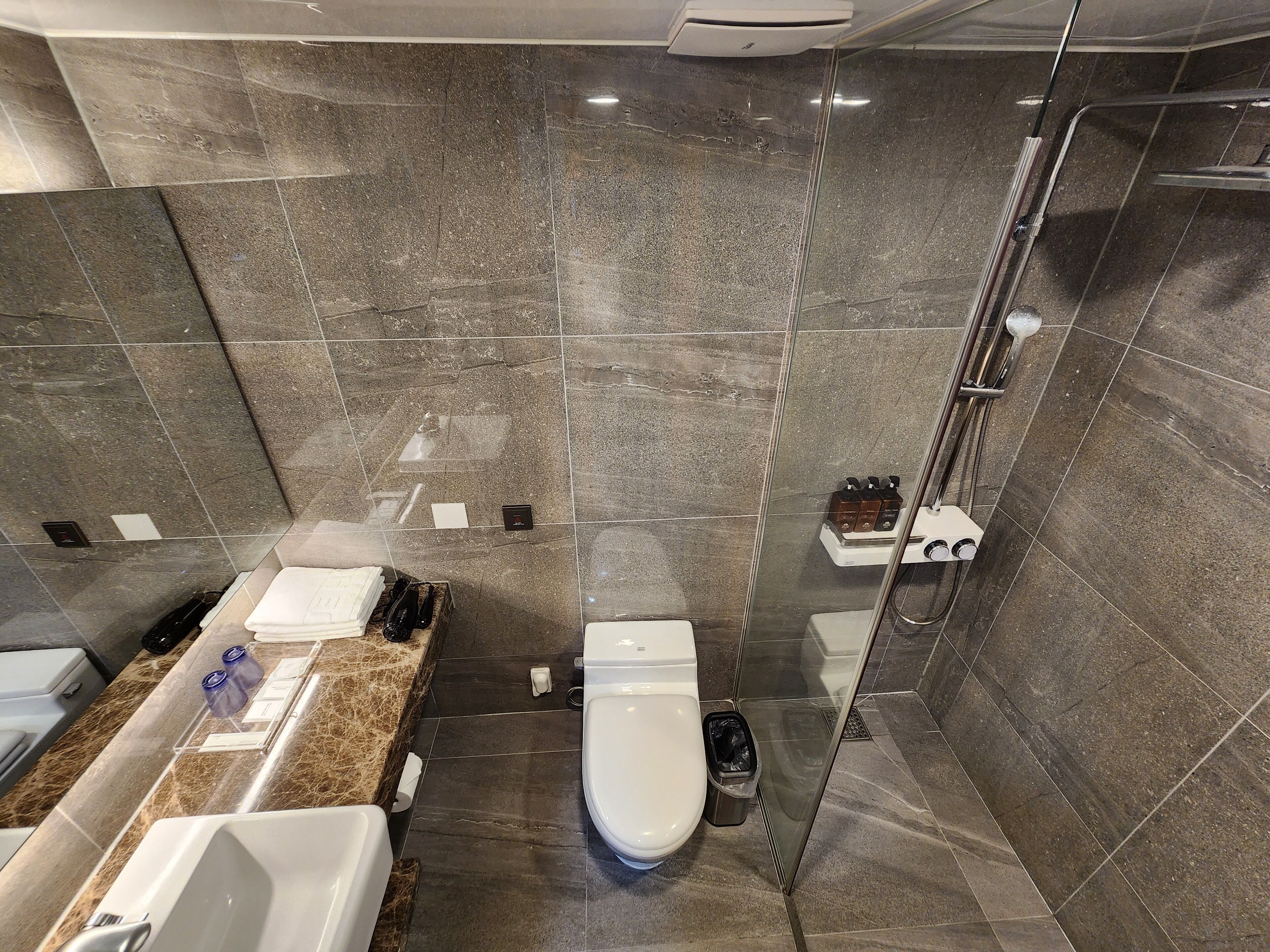 standard double room (no view) | bathroom | shower, hair dryer, towels