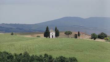 Ländliche Landschaft mit einem kleinen Steinhaus, möglicherweise einer Kapelle, umgeben von grünen Feldern und Bäumen.