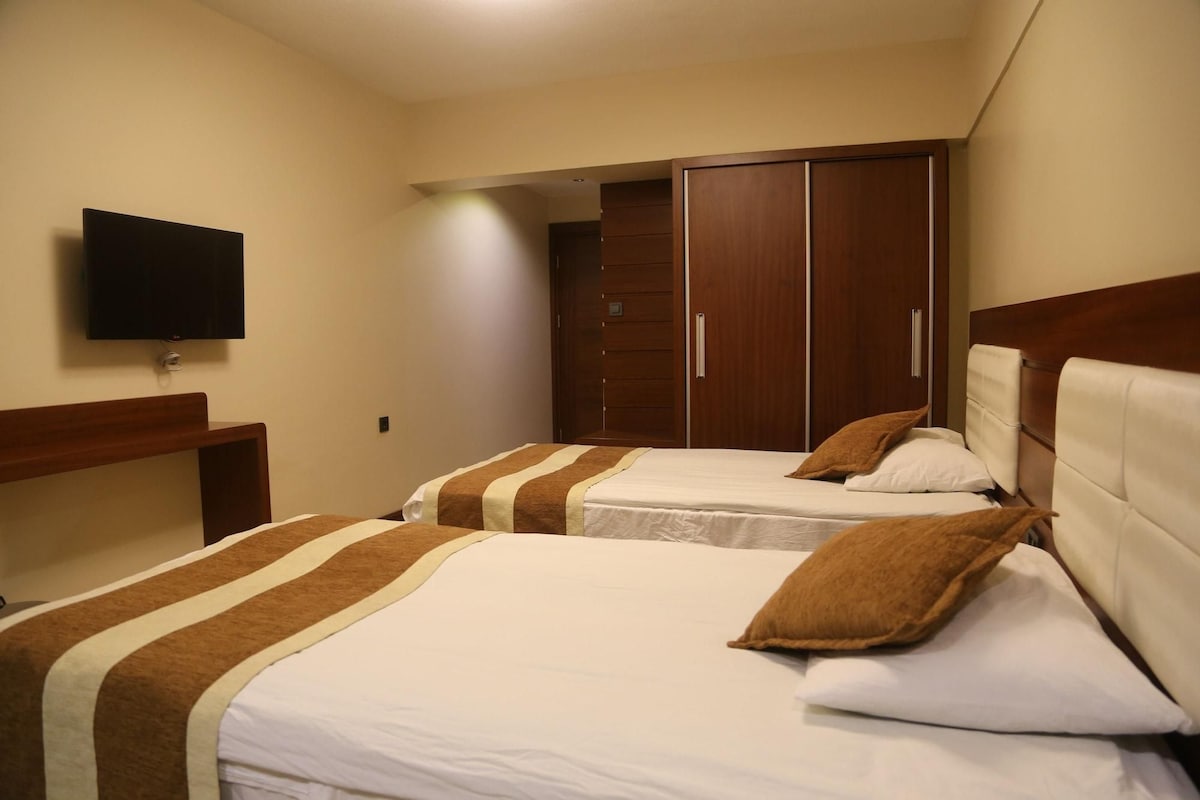 Habitación de hotel con dos camas, un televisor y un armario.