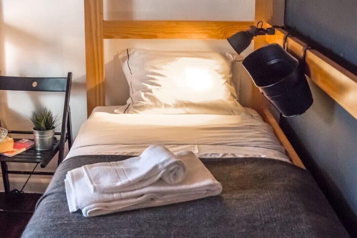 A single bed with a wooden headboard, a bedside table with a lamp, and a small potted plant.