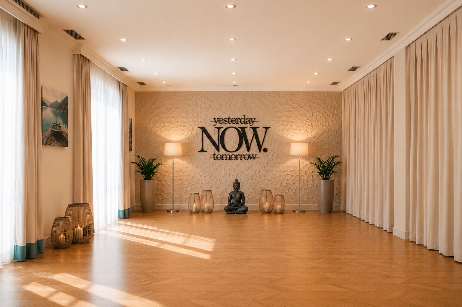 A spacious room with a wooden floor, a Buddha statue, and a wall with the text 'yesterday NOW tomorrow.'