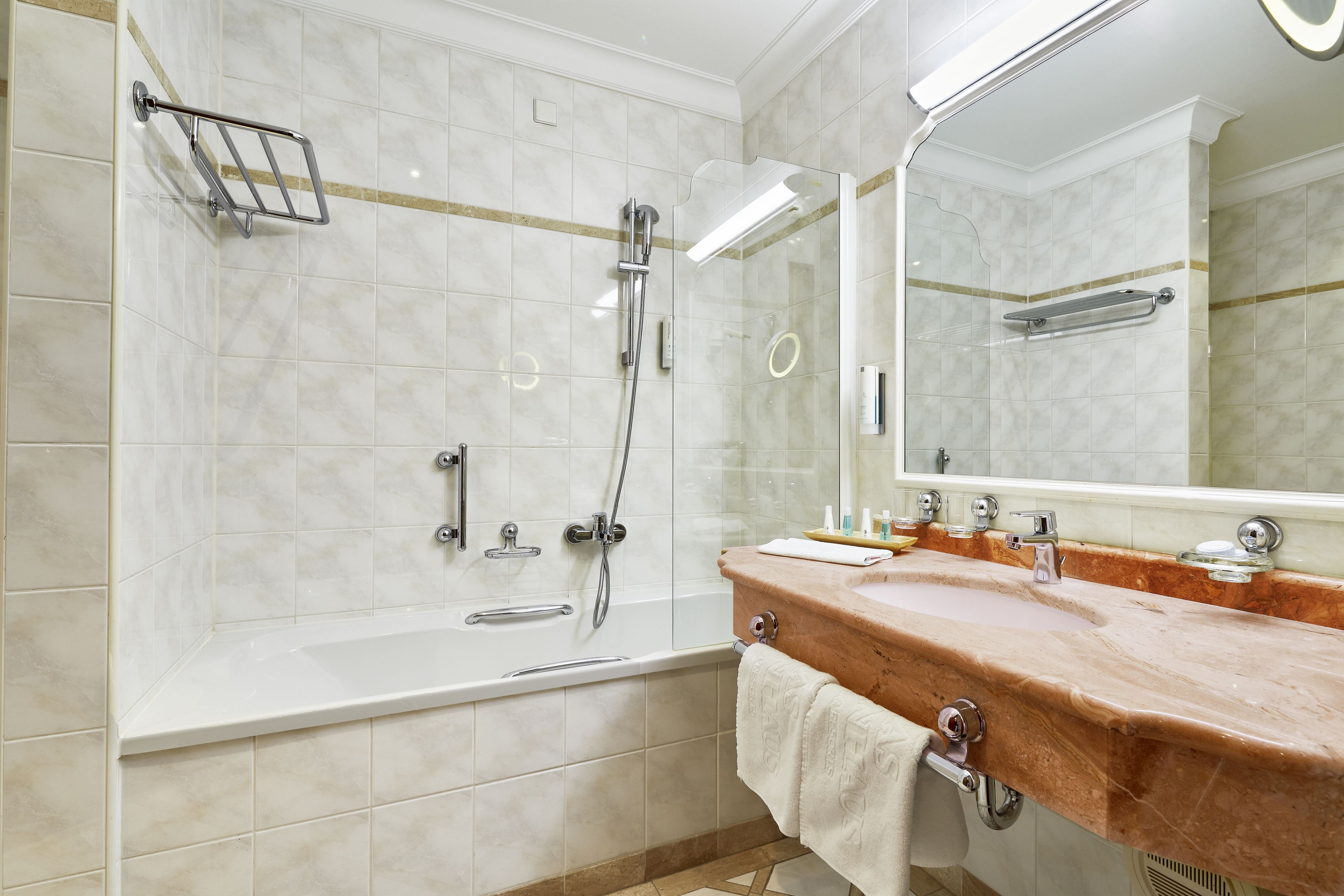 hair dryer, bathrobes, towels, soap