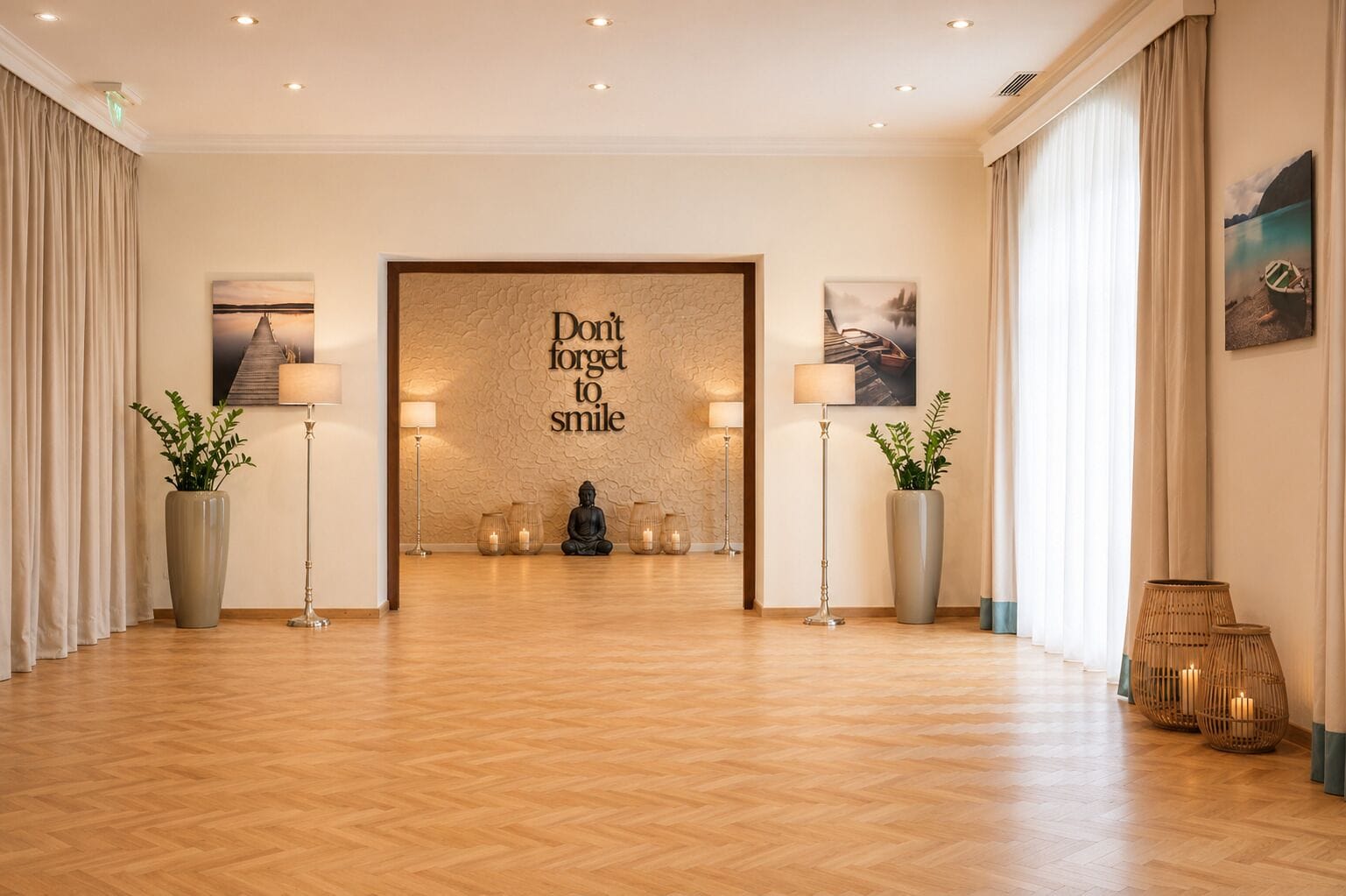 Eine Hotelhalle mit Holzboden, einer Buddha-Statue und einem motivierenden Zitat an der Wand.
