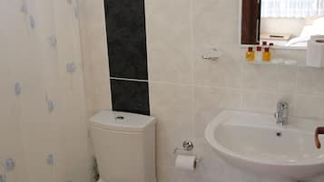 Shower, designer toiletries, hair dryer, slippers