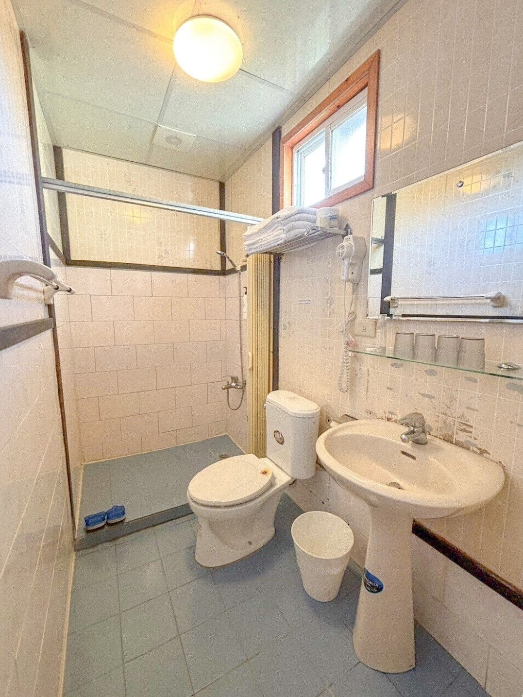 A small bathroom with a toilet, sink, and shower.