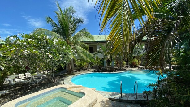 A swimming pool surrounded by lush greenery and palm trees, with a stone deck and lounge chairs. - Alona Swiss Resort (Panglao)