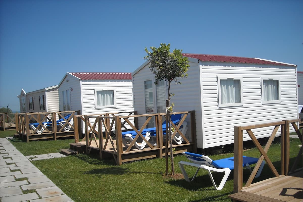 A row of white mobile homes with red roofs, each with a small tree and blue lounge chairs in front.