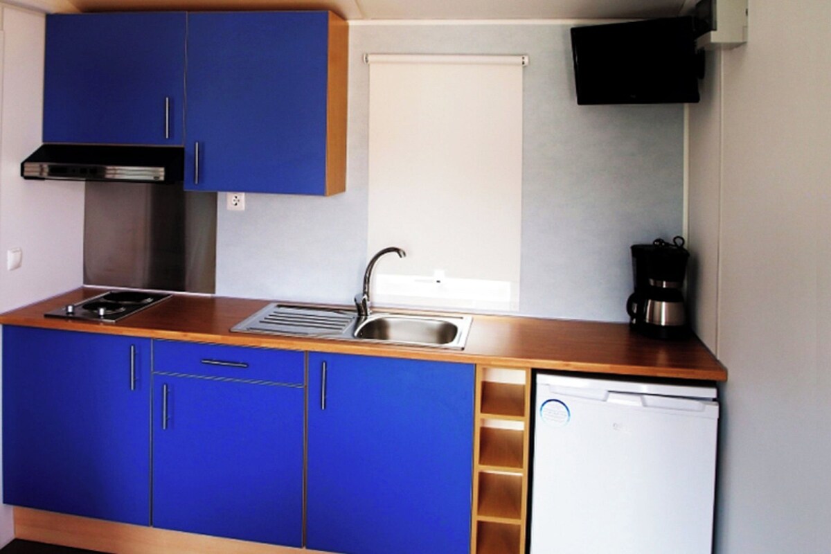 Una cocina compacta con armarios azules, una campana extractora de acero inoxidable, un fregadero y una cafetera.
