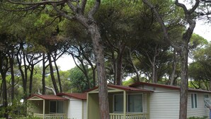 File d'alberges enfilades, cadascuna amb un porxo, envoltades d'arbres.