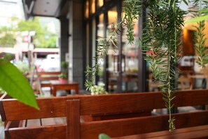 A wooden bench with a hanging rosemary plant. - Ispavita Resort (Jiaoxi)