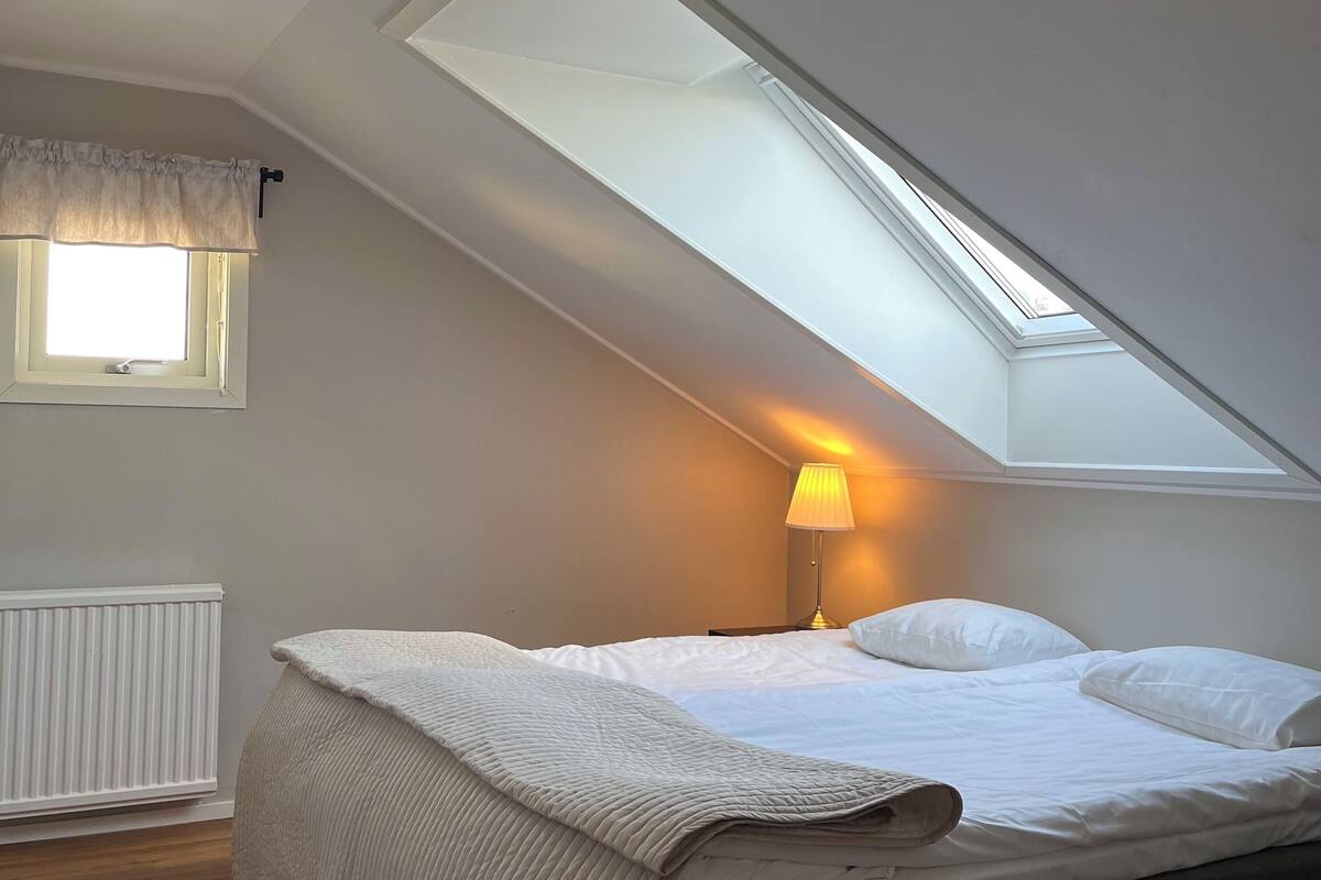 A bedroom with a sloped ceiling, a skylight, a bed with white bedding, a bedside lamp, and a radiator.
