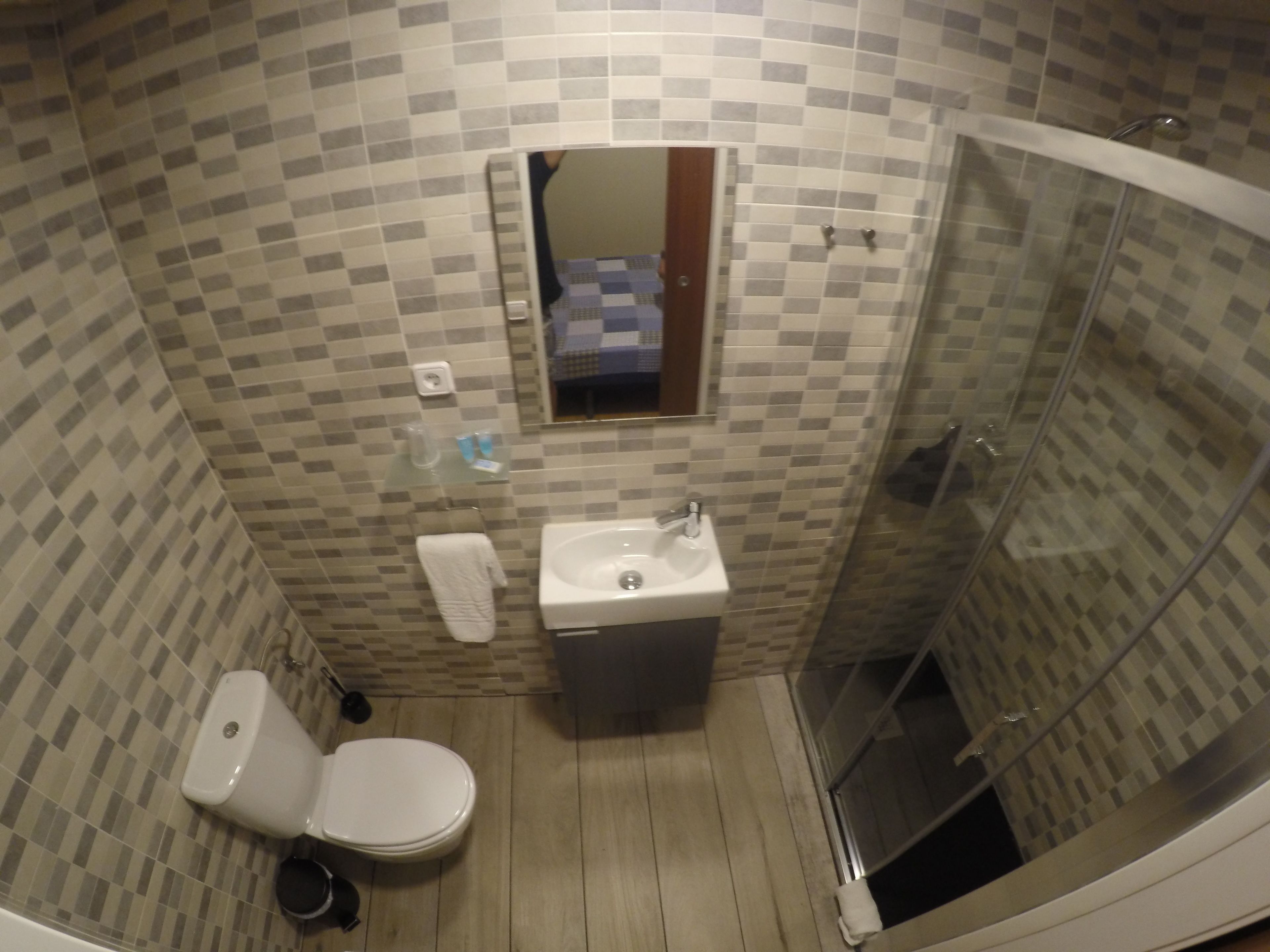 A bathroom with a toilet, sink, and shower.