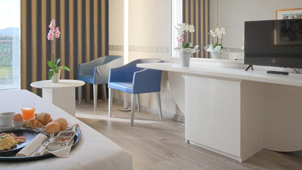 A hotel room with a bed, breakfast tray, two chairs, a small table with a plant, a TV, and a large window with curtains. - Hotel Viest (Vicenza)