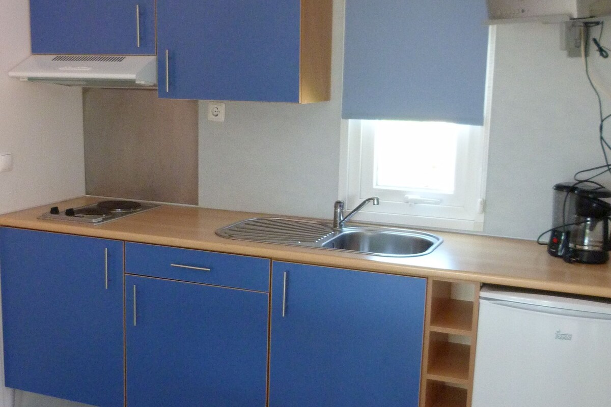 Een compacte keuken met blauwe kastjes, een spoelbak, een kookplaat, een kleine koelkast en een televisie.