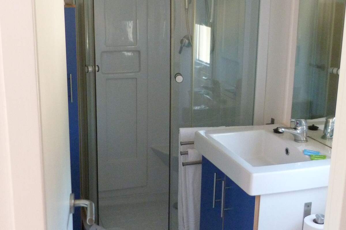 Een badkamer met een glazen douchecabine, een wastafel en een toilet.