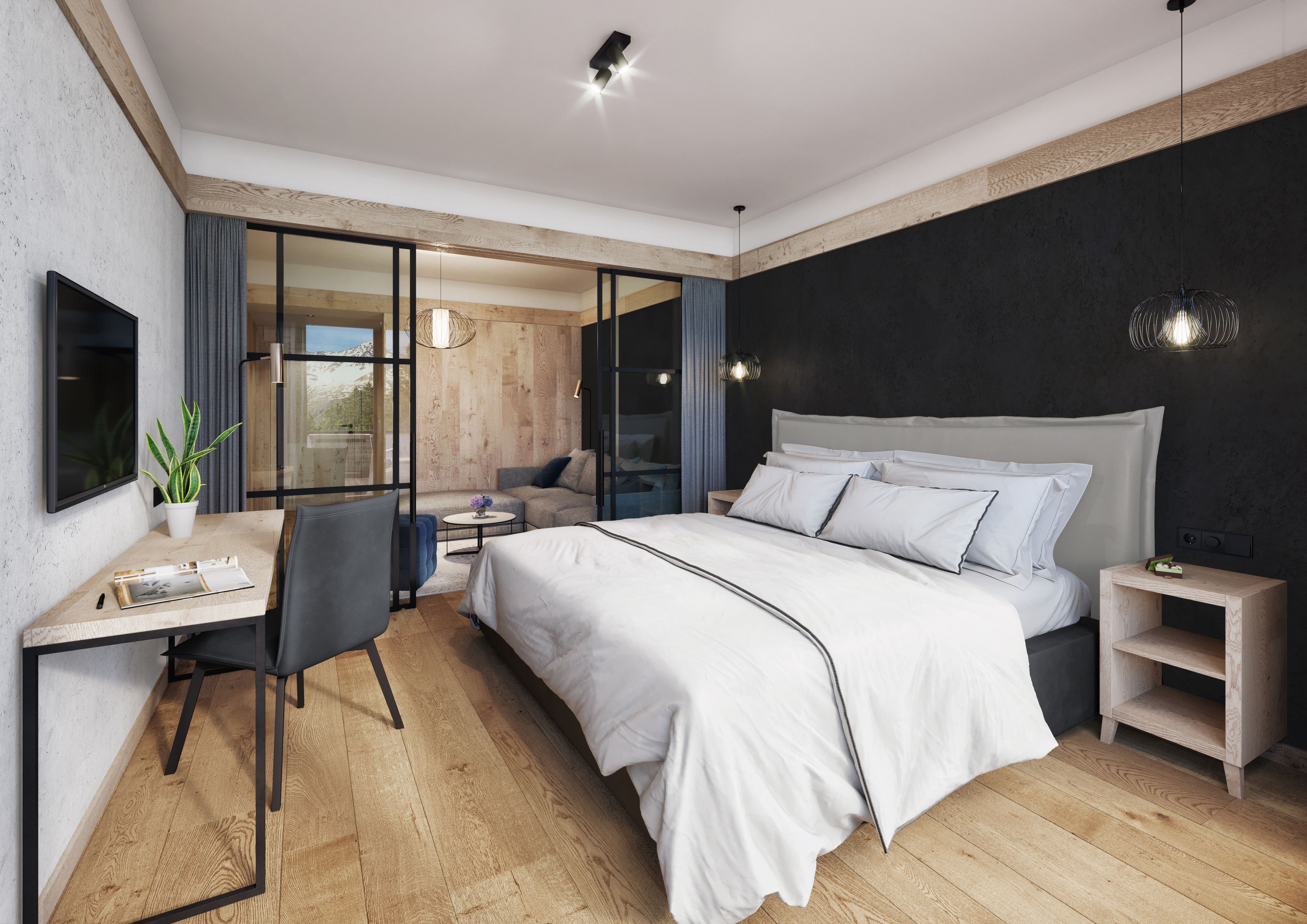 Un dormitorio moderno con una cama grande, un escritorio y una zona de estar con vistas al exterior.