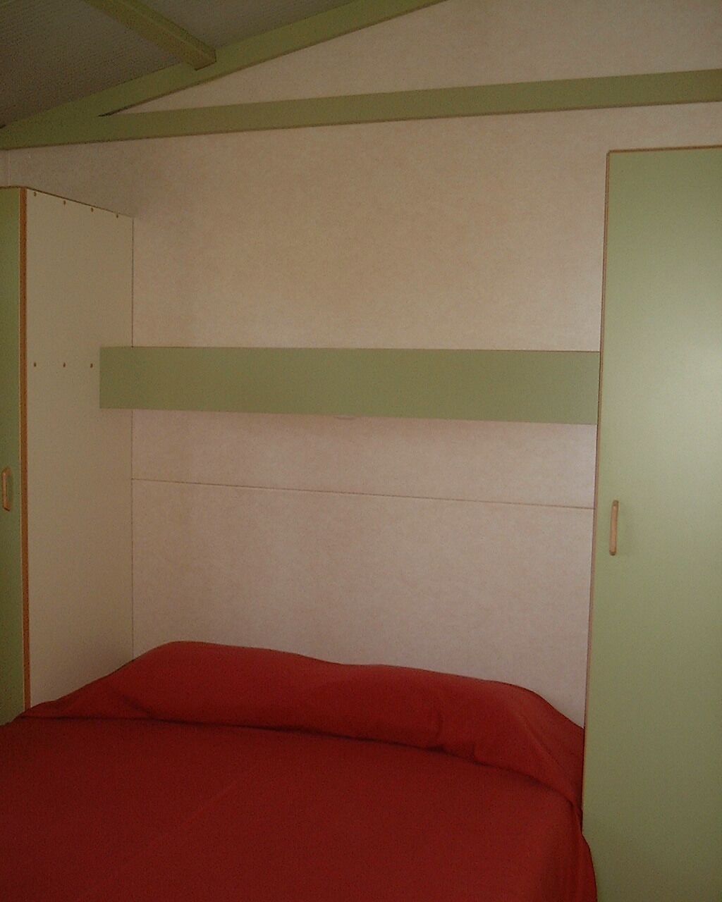 A room with a bunk bed, a green headboard, and a single door.