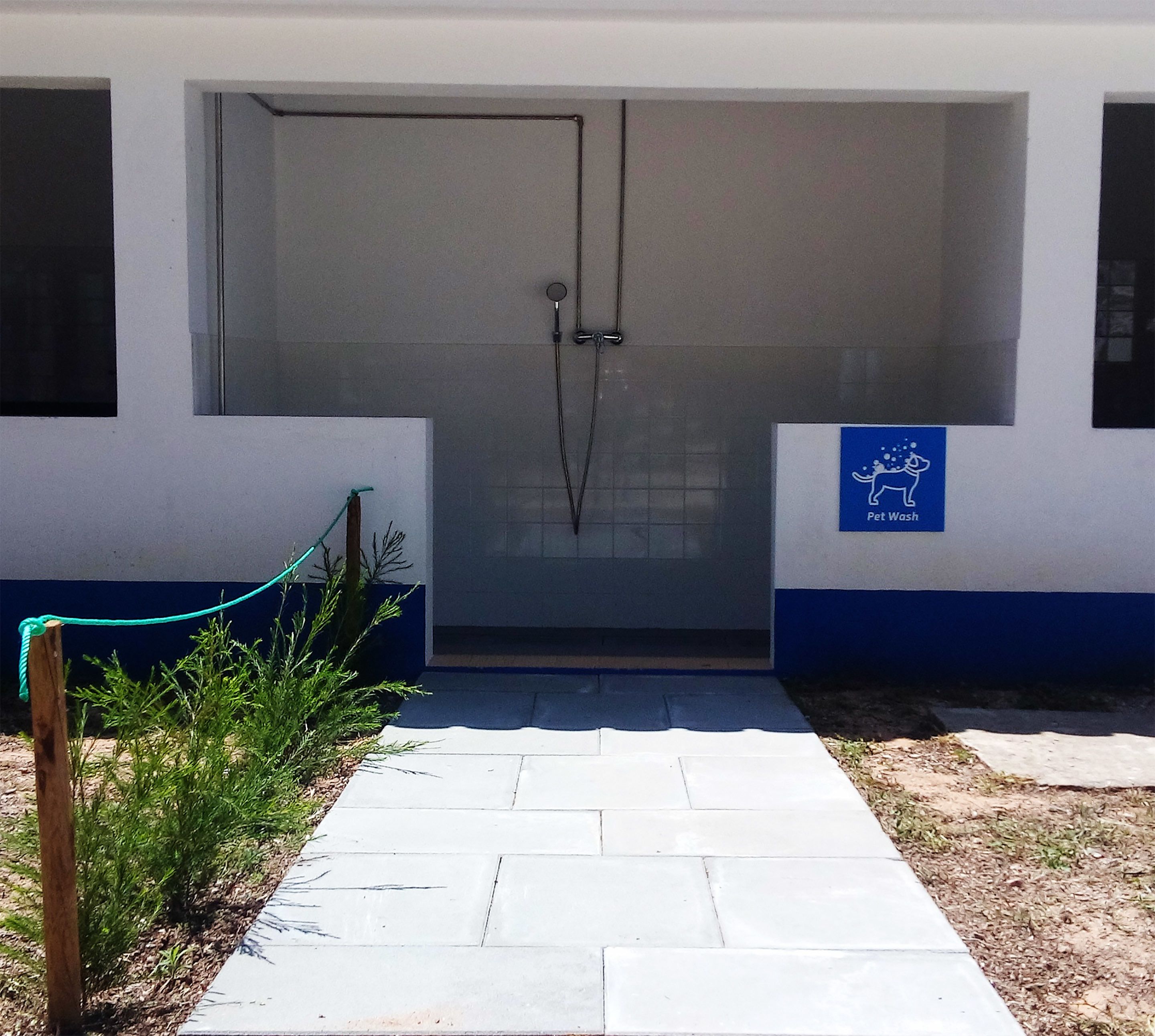 A pet wash facility entrance with a blue sign, a concrete pathway, and a small plant.