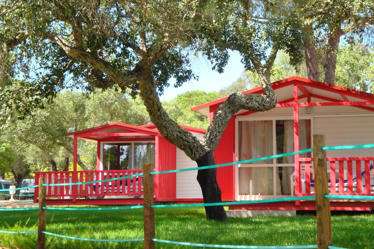 A red and white cabin with a porch, surrounded by trees and grass.