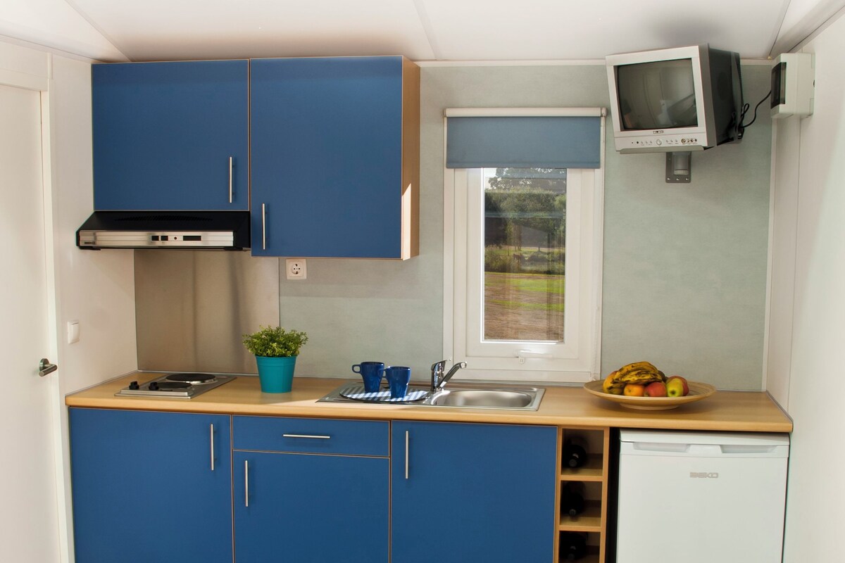 Une cuisine compacte avec des meubles bleus, un évier, une cuisinière, une petite télévision et un lave-vaisselle.