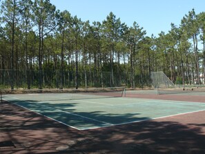 Een buiten tennisbaan omringd door hoge bomen.