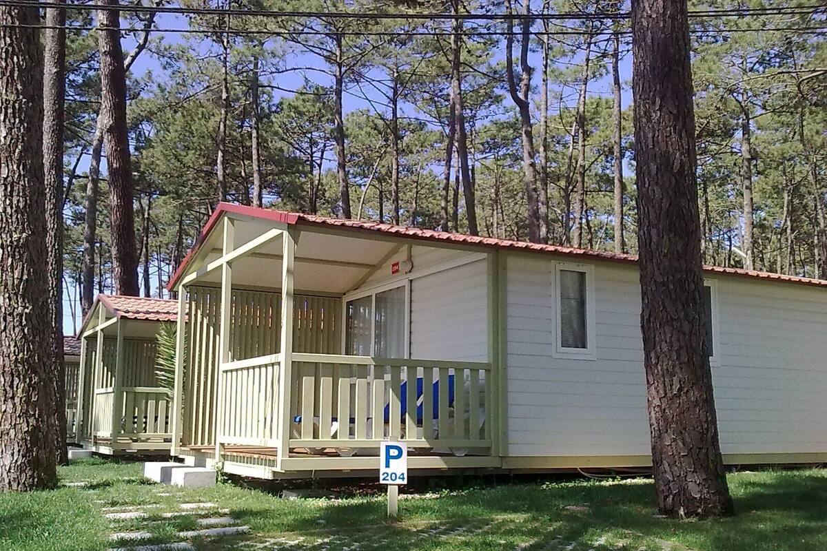 A row of small, single-story cabins with a porch and a red roof, surrounded by trees.
