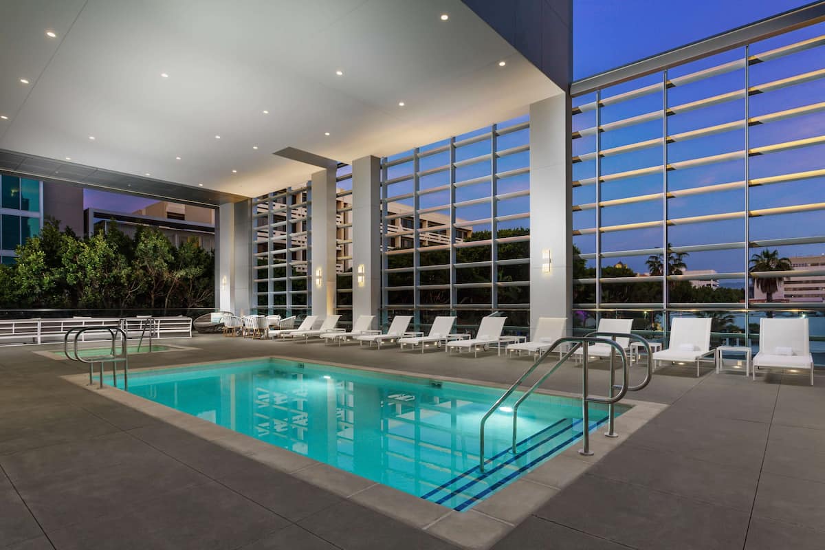 outdoor pool, pool loungers