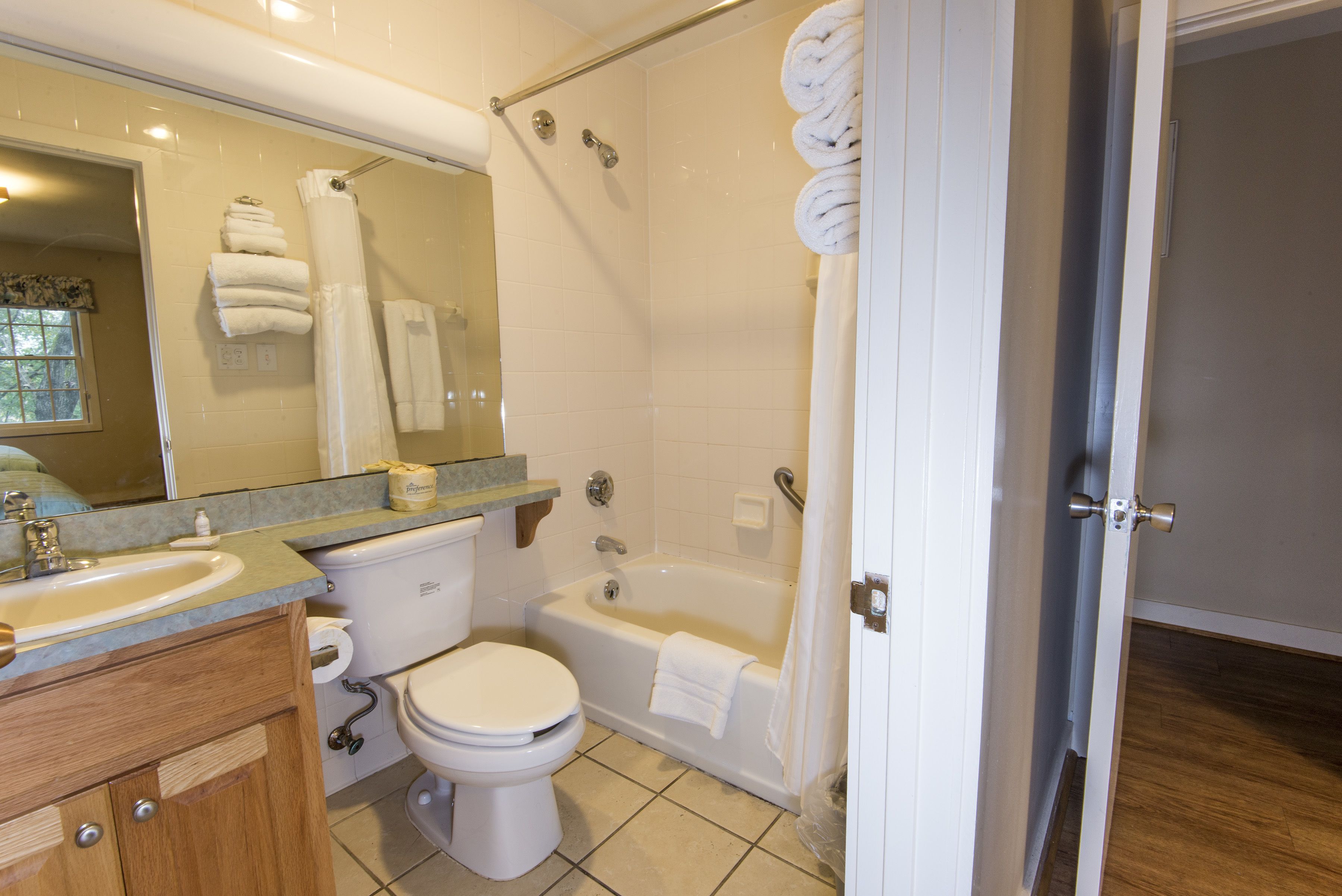 hair dryer, towels, soap, shampoo