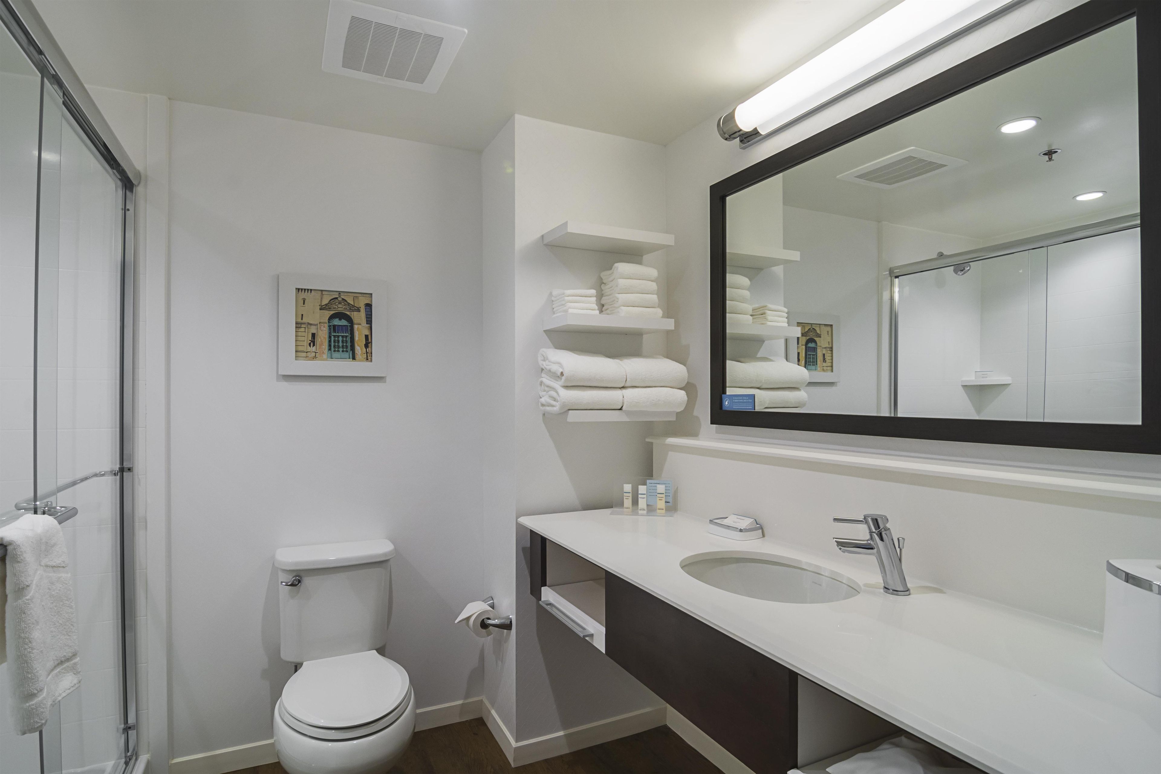 A modern bathroom with a toilet, a sink, a mirror, and a shower.