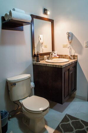 Shower, free toiletries, hair dryer, towels