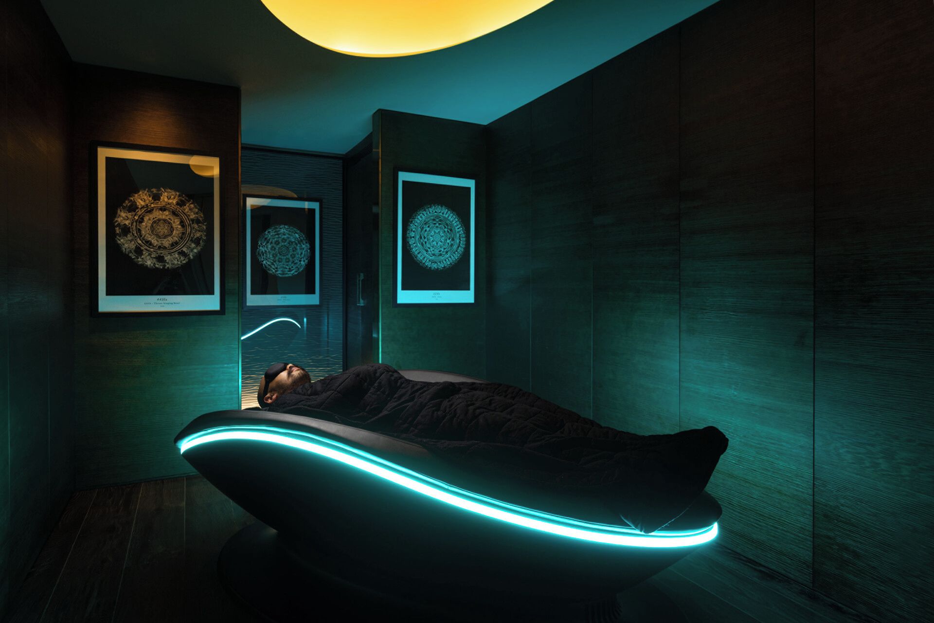 Quarto com poltrona reclinável, quadros decorativos nas paredes e luminária pendente com design curvo.