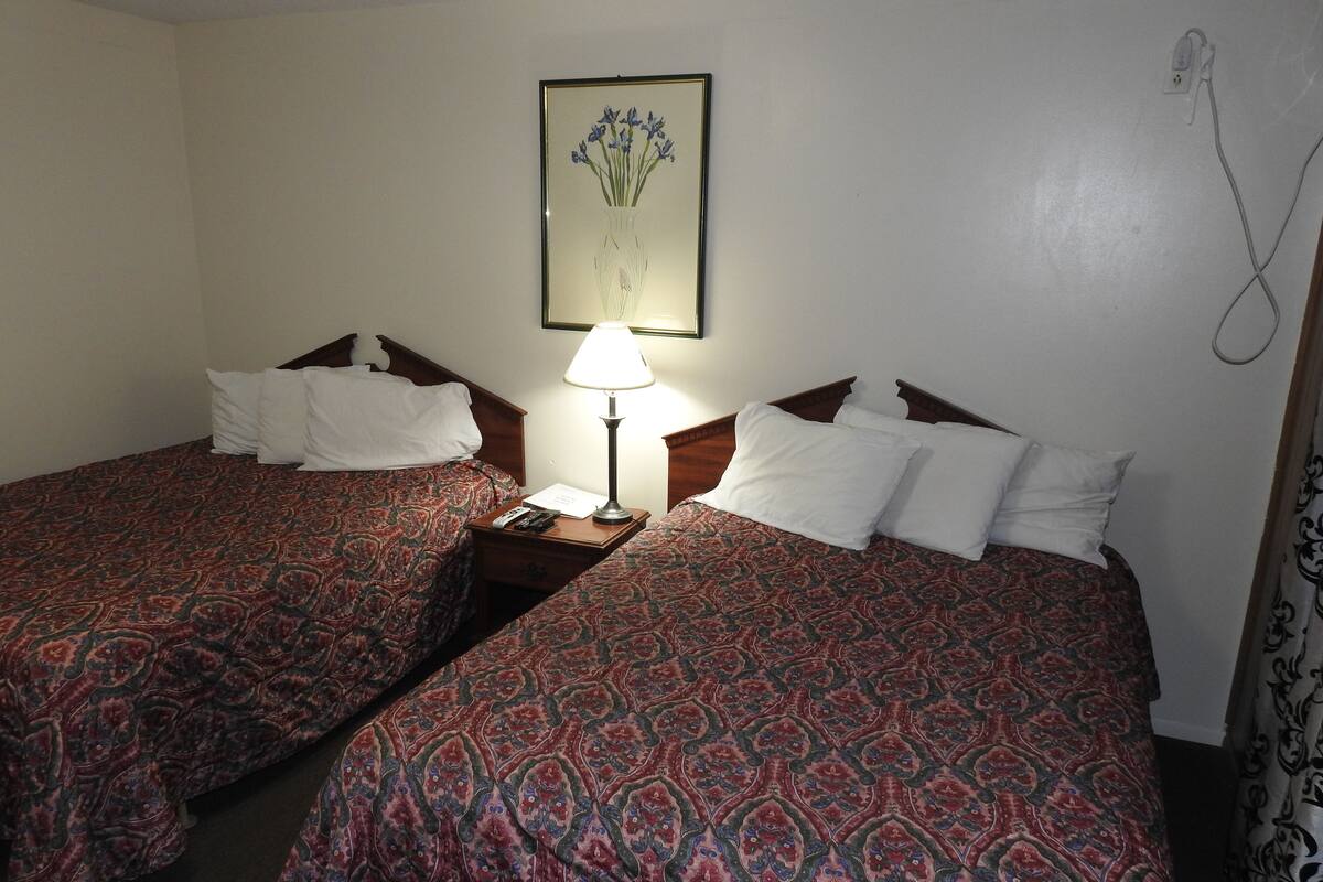 A hotel room with two beds, each with a patterned bedspread, a nightstand with a lamp, and a framed picture on the wall.