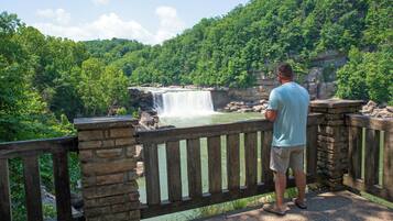 Guests can enjoy breathtaking views of a waterfall from this serene bridge.