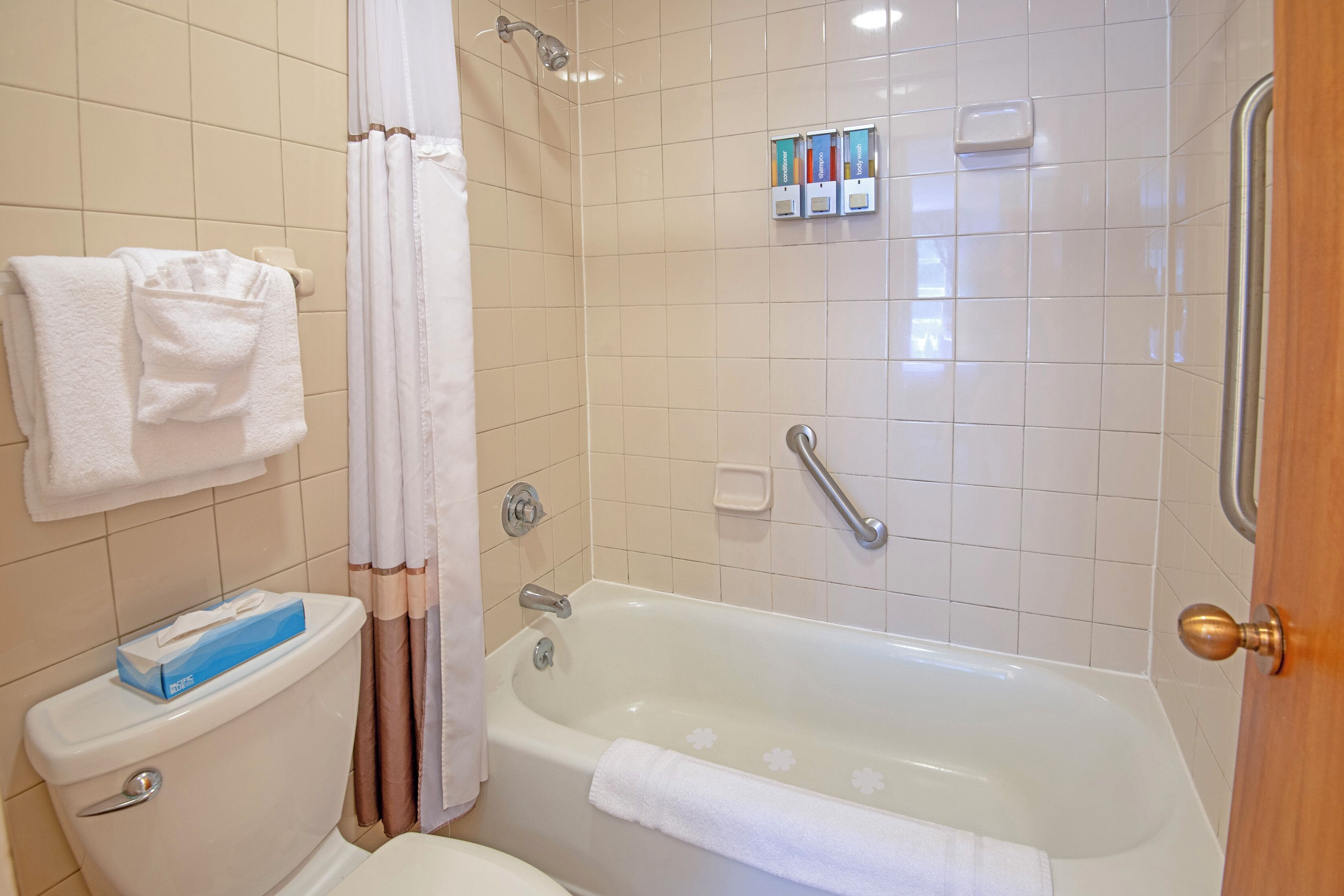 Un bagno con vasca, servizi igienici e tenda da doccia.